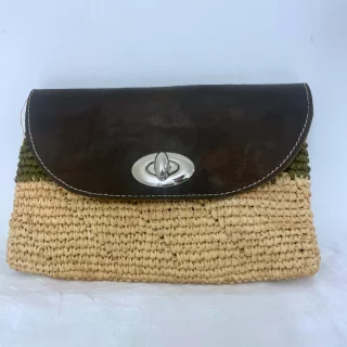 Pochette à Main en Raphia Beige et Vert avec Cuir Naturel Noir