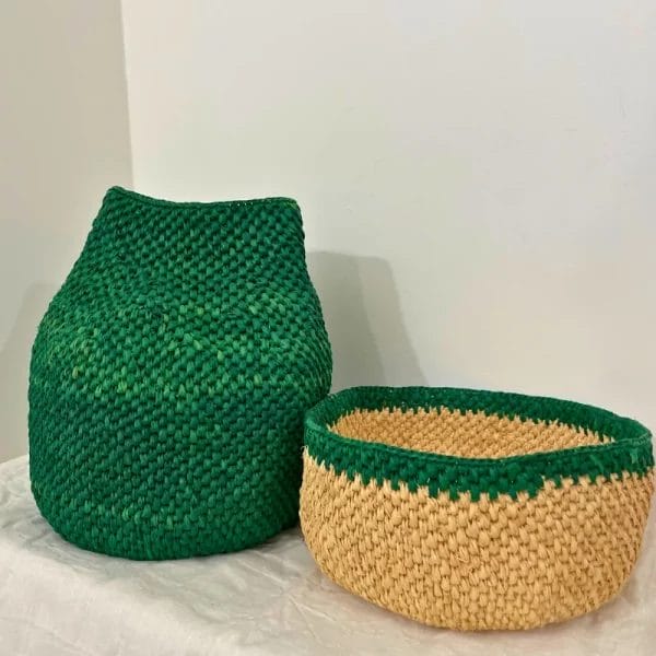 Lot de vase et paniers de rangement en raphia crochet