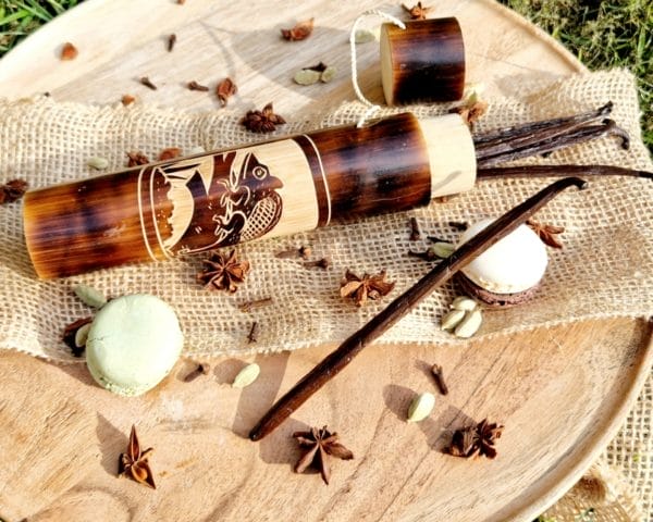 Tube artisanale en bambou et 5 gousses de Vanille de Madagascar 16-18cm /Collection VAVASAHA